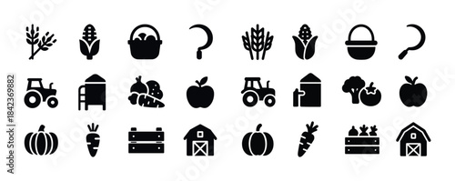 Farm icon set: agriculture equipment, produce, tractor