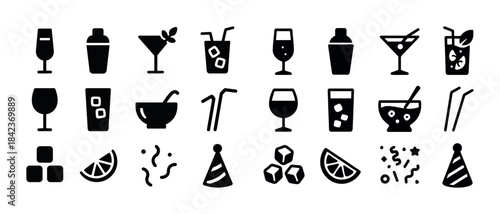 Drink icons set: glasses, cocktails, fruits, party, ice cubes, s