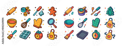 Colorful cartoon baking tools and ingredients set with whisk, bo