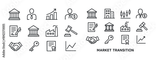 Economic growth and market transition icons set