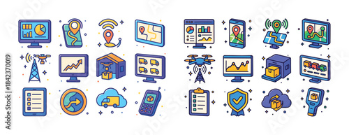 Colorful digital logistics and supply chain icons with technolog