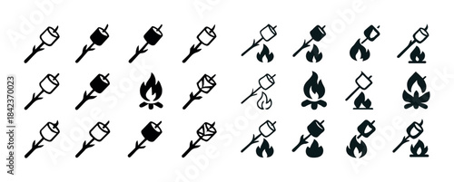 Camping icon set featuring marshmallows roasting flames and camp