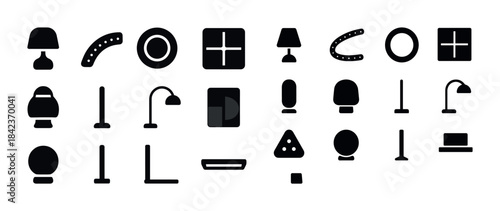 Minimalist icons: table lamp, circular, square, exclamation, dir
