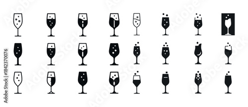 Set of various wine glass silhouettes with bubbles