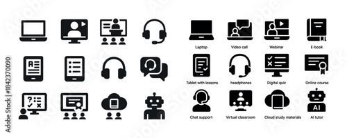 Online learning tools and digital education icons