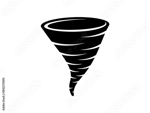 A stylized black and white illustration of a swirling tornado funnel cloud.