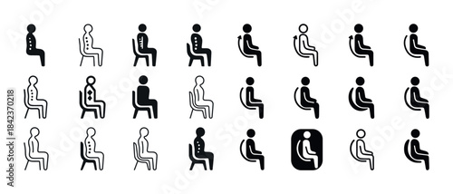 Various seated figure icons highlighting posture and ergonomics