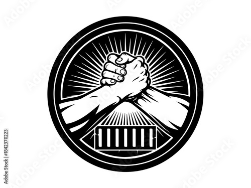 A black and white illustration of two hands in a firm handshake within a circular emblem.