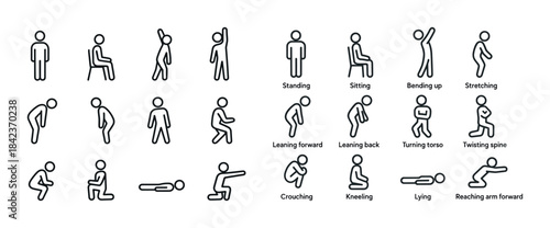 Illustrated guide of human poses and movements including sitting
