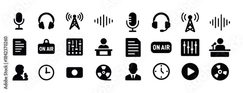 Set of audio and broadcasting icons including microphones and so