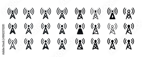 Black signal towers set with wireless icons