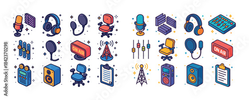 Colorful audio equipment icons: microphones, headphones, mixers,