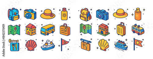 Colorful travel icons set - backpack, camera, hat, map, sailboat