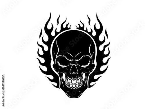 A striking black and white illustration of a skull engulfed in flames, conveying a sense of danger and intensity.