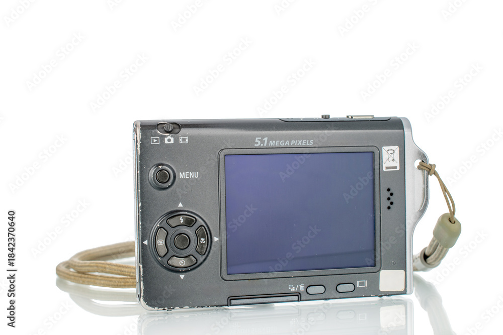 Fototapeta premium One digital camera isolated on white background, close-up.