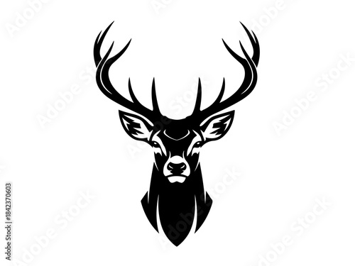 A striking black and white illustration of a majestic deer's head with large antlers, set against a plain white background.