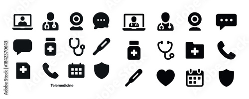 Telemedicine icons set: stethoscope, medicine, chat, video call,