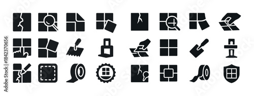 Tile repair and installation icon set: trowel, hand, magnifying