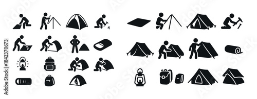 Camping icons: tents, campers, gear, and activities collection