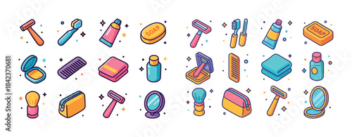Colorful assorted grooming and personal care icons in flat style