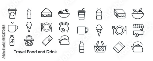 Travel food and drink icons: coffee, snacks, and refreshments