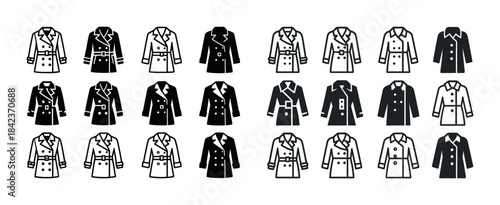 Variety of trench coat icon styles in black and white