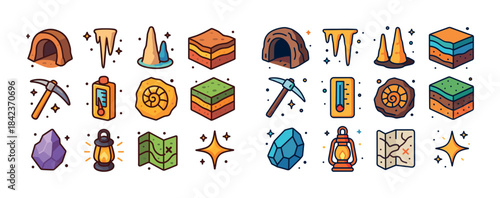 Colorful icon set featuring caves, crystals, maps, tools, and ro