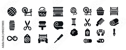 Collection of knitting and weaving icons featuring tools and yar