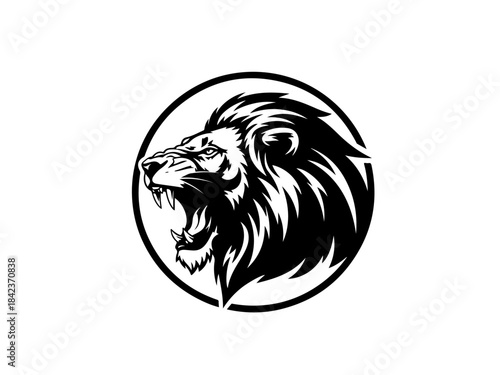A fierce black and white illustration of a lion's head roaring within a circle.