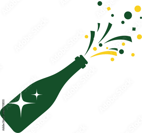 Green champagne bottle popping with confetti and sparkles against a light blue background illustration