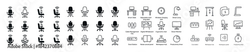 Office furniture icons: chairs, desks, wi-fi, computer equipment