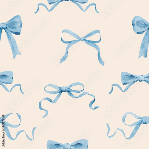 Blue watercolor bows seamless pattern. Elegant ribbon background for textile and stationery projects.
