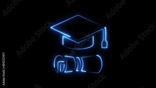 Graduation cap and diploma with blue neon outline on black background scroll degree