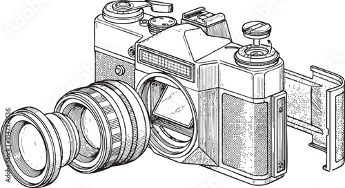 Exploded View Engraving of Vintage SLR Camera Mechanism Vector