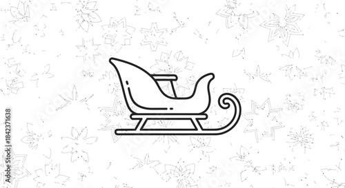 Simple black line art of a classic sleigh icon centered over a background of faint snowflakes