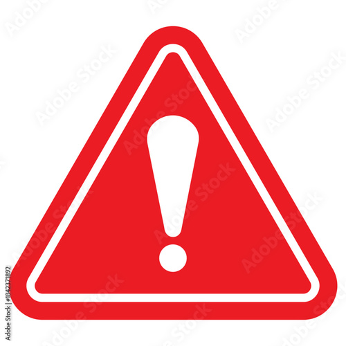 Red triangular warning sign icon, hazard alert icon, caution exclamation symbol for safety communication and emergency risk indication