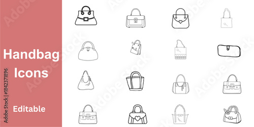 16 Vector Outline Icons of Various Women's Bags, Graphic Design Element Collection