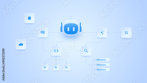 AI workflow automation artificial intelligence. ai agent workflow diagram with data processing modules, cloud integration, development steps, and automation system.