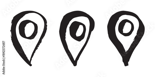 Set of hand drawn map pin Map marker pointer sign GPS and mapping tools Location pin symbol Pinpoint clipart in doodle style Single element for web, design