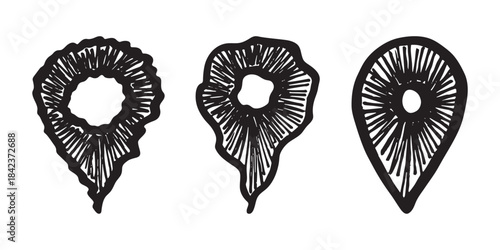 Set of hand drawn map pin Map marker pointer sign GPS and mapping tools Location pin symbol Pinpoint clipart in doodle style Single element for web, design