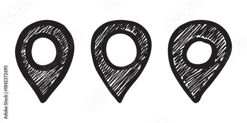 Set of hand drawn map pin Map marker pointer sign GPS and mapping tools Location pin symbol Pinpoint clipart in doodle style Single element for web, design