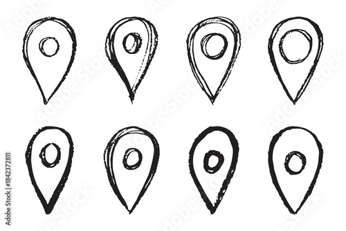 Set of hand drawn map pin Map marker pointer sign GPS and mapping tools Location pin symbol Pinpoint clipart in doodle style Single element for web, design