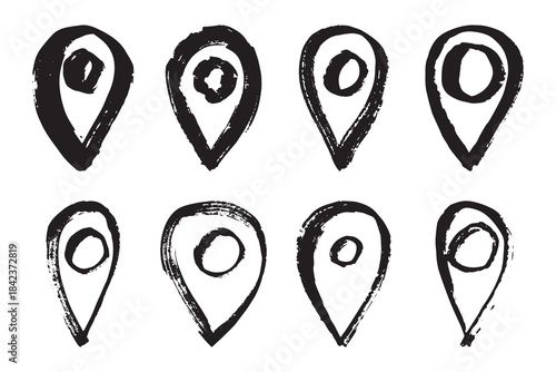 Set of hand drawn map pin Map marker pointer sign GPS and mapping tools Location pin symbol Pinpoint clipart in doodle style Single element for web, design