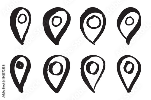 Set of hand drawn map pin Map marker pointer sign GPS and mapping tools Location pin symbol Pinpoint clipart in doodle style Single element for web, design