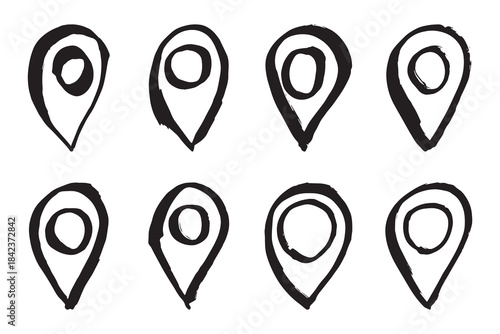 Set of hand drawn map pin Map marker pointer sign GPS and mapping tools Location pin symbol Pinpoint clipart in doodle style Single element for web, design