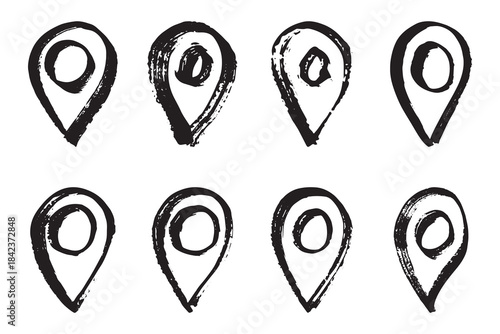 Set of hand drawn map pin Map marker pointer sign GPS and mapping tools Location pin symbol Pinpoint clipart in doodle style Single element for web, design