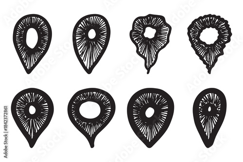 Set of hand drawn map pin Map marker pointer sign GPS and mapping tools Location pin symbol Pinpoint clipart in doodle style Single element for web, design