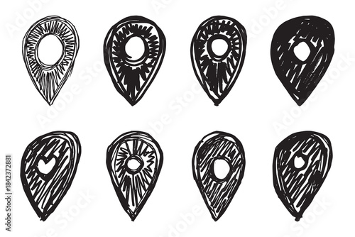 Set of hand drawn map pin Map marker pointer sign GPS and mapping tools Location pin symbol Pinpoint clipart in doodle style Single element for web, design