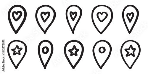 Set of hand drawn map pin Map marker pointer sign GPS and mapping tools Location pin symbol Pinpoint clipart in doodle style Single element for web, design