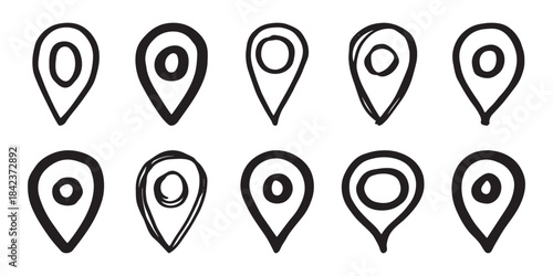 Set of hand drawn map pin Map marker pointer sign GPS and mapping tools Location pin symbol Pinpoint clipart in doodle style Single element for web, design